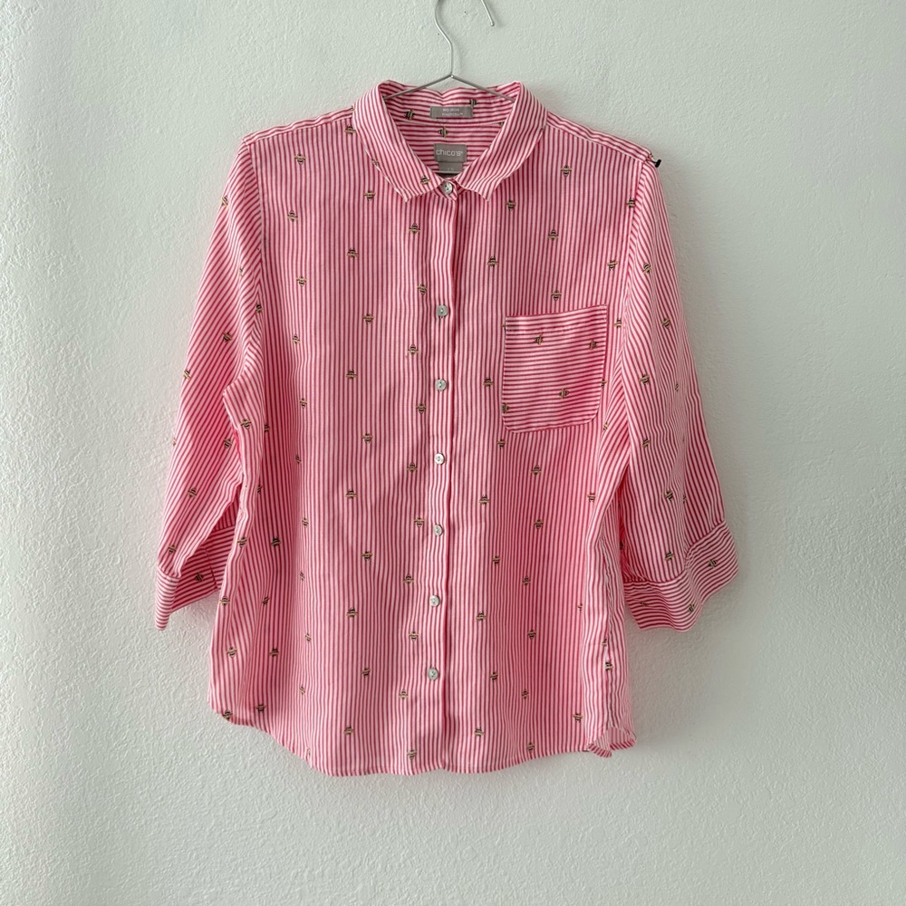 No Iron 100% Linen Bee Print Striped Button-Up Shirt 3/4 Sleeve Size 14 - Picture 2 of 8
